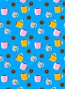 pattern with cup and chocolate bombs on a blue background Royalty Free Stock Photo